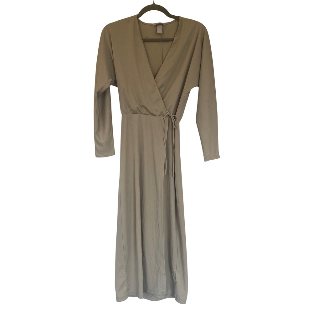 H&M Womens Beige Long Sleeve V-Neck Wrap Midi Dress Tan XS C1-035